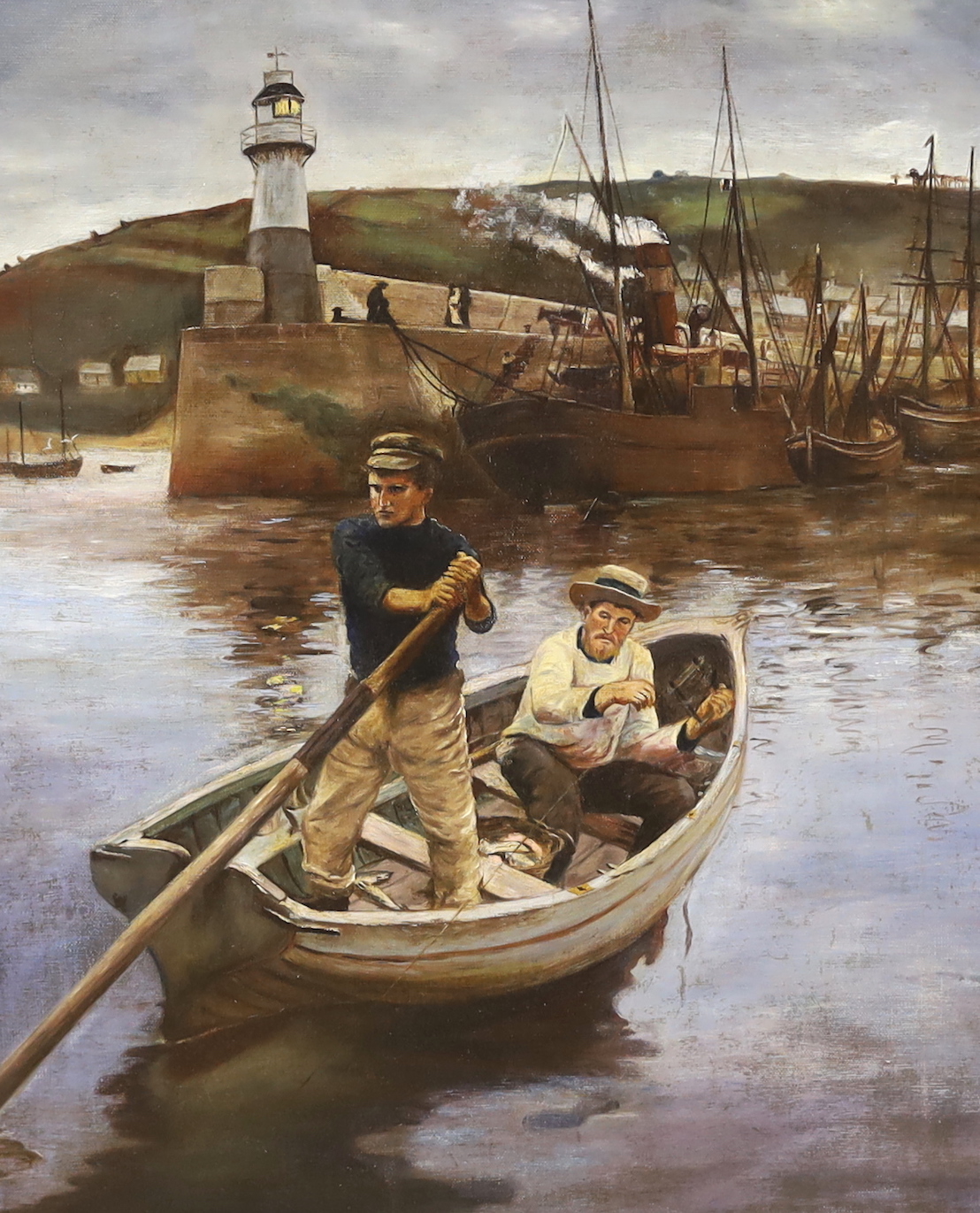 After Elizabeth Adela Stanhope-Forbes (British, 1859-1912), oil on canvas, ’Two fishermen in a boat’, 52 x 42cm